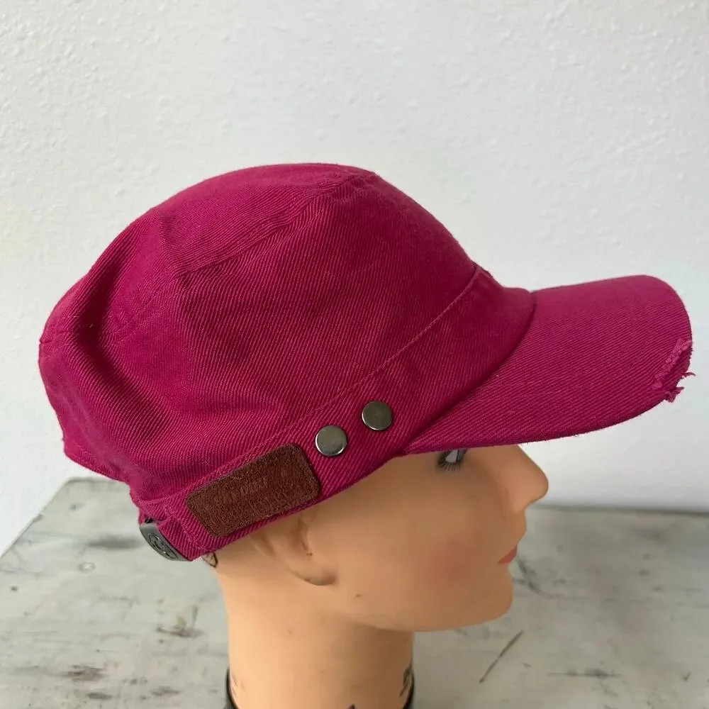Vintage Y2K Pink Distressed Military Cadet Hat Flocked Graphic Biker Cap grunge - Picture 4 of 11